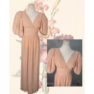 Vintage 70s 80s Norman's Atlanta Peach Lantern Sleeve Pleated Gown Size L